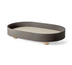 Bandeja retangular cinza oval de metal fosco e madeira