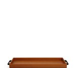 Bandeja retangular bege caramelo em MDF revestida em couro sintético com alça de metal