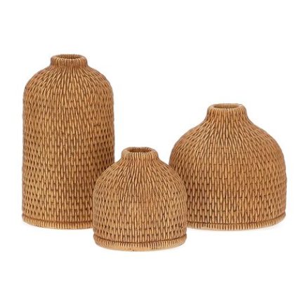 Vaso cachepô decorativo bege kit com 3 minivasos imitando fibra polirresina