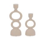 Porta-vela Castiçal bege em Cerâmica rústica 2 peças