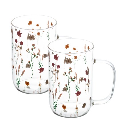 Caneca de Vidro Transparente com Estampa Botânica