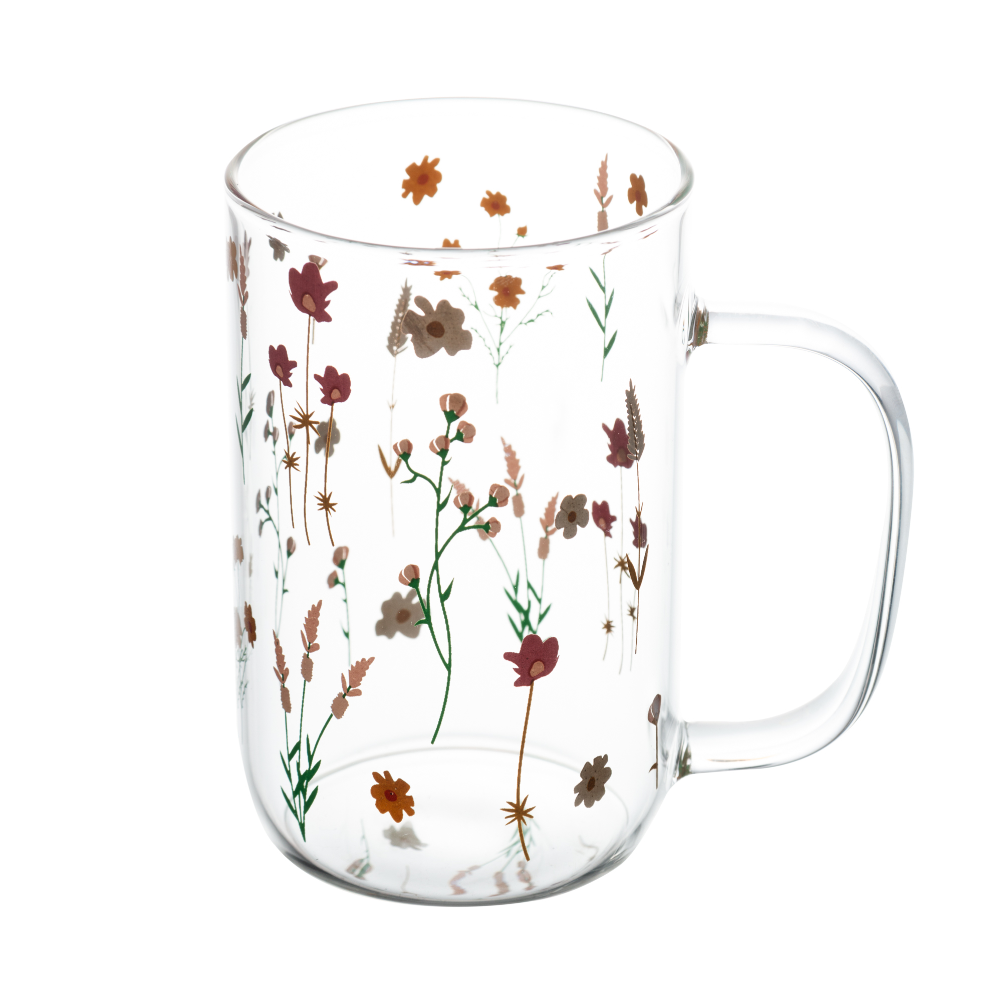 Caneca de Vidro Transparente com Estampa Botânica