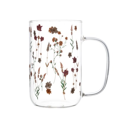 Caneca de Vidro Transparente com Estampa Botânica