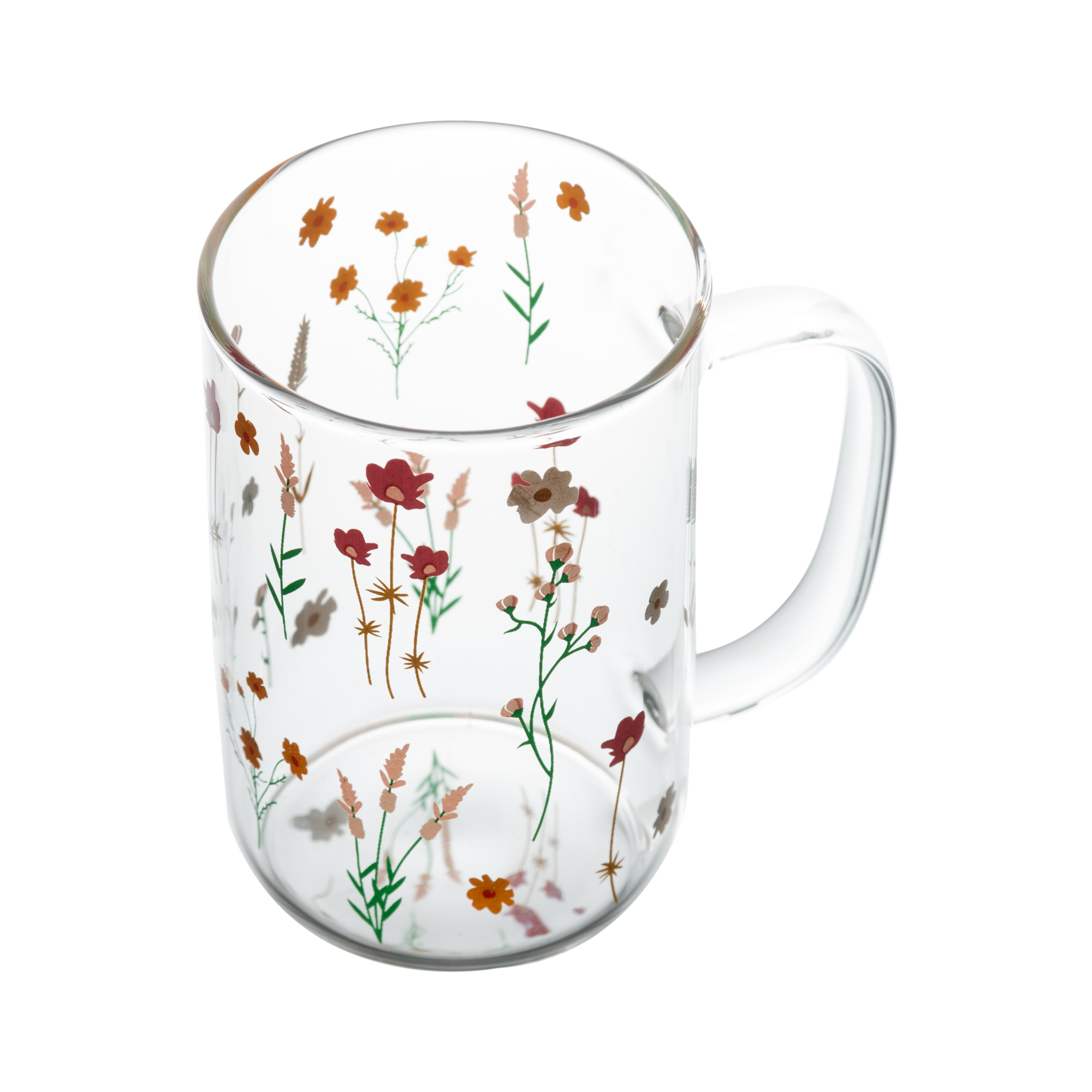 Caneca de Vidro Transparente com Estampa Botânica