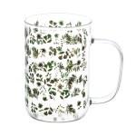 Caneca de Vidro Transparente com Estampa Botânica