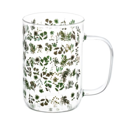 Caneca de Vidro Transparente com Estampa Botânica