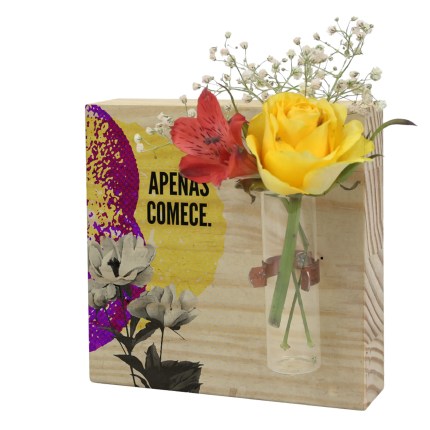 Quadro e enfeite de prateleira de madeira 14x14 com vaso tubo vidro Apenas comece