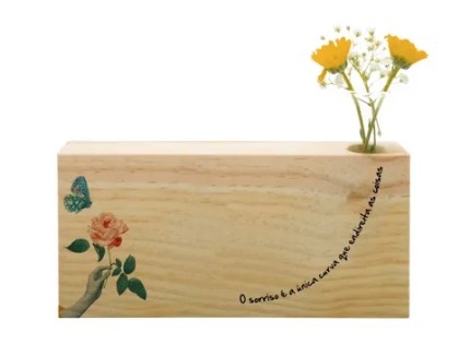 Quadro Impressão UV e enfeite de prateleira de madeira com vaso tubo vidro com frase o sorriso