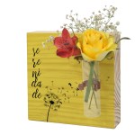 Quadro e enfeite de prateleira de madeira 14x14 com vaso tubo vidro Serenidade