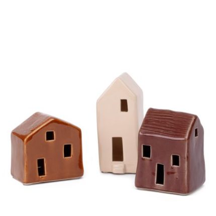 Escultura casa de cerâmica esmaltada tons terrosos kit com 3